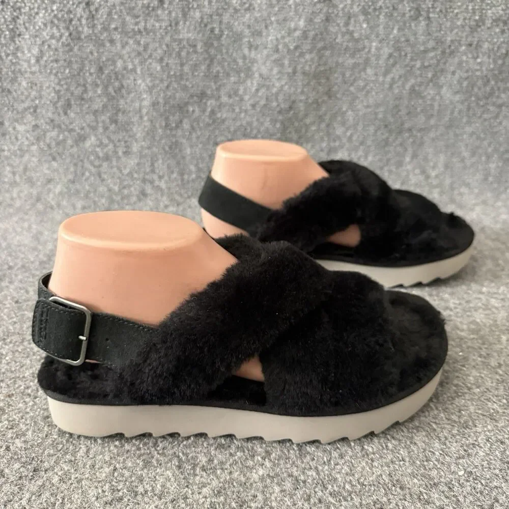 Koolaburra by UGG Fuzz-Ee Women Black Faux Fur Cross Strap Slingback Sandals 8